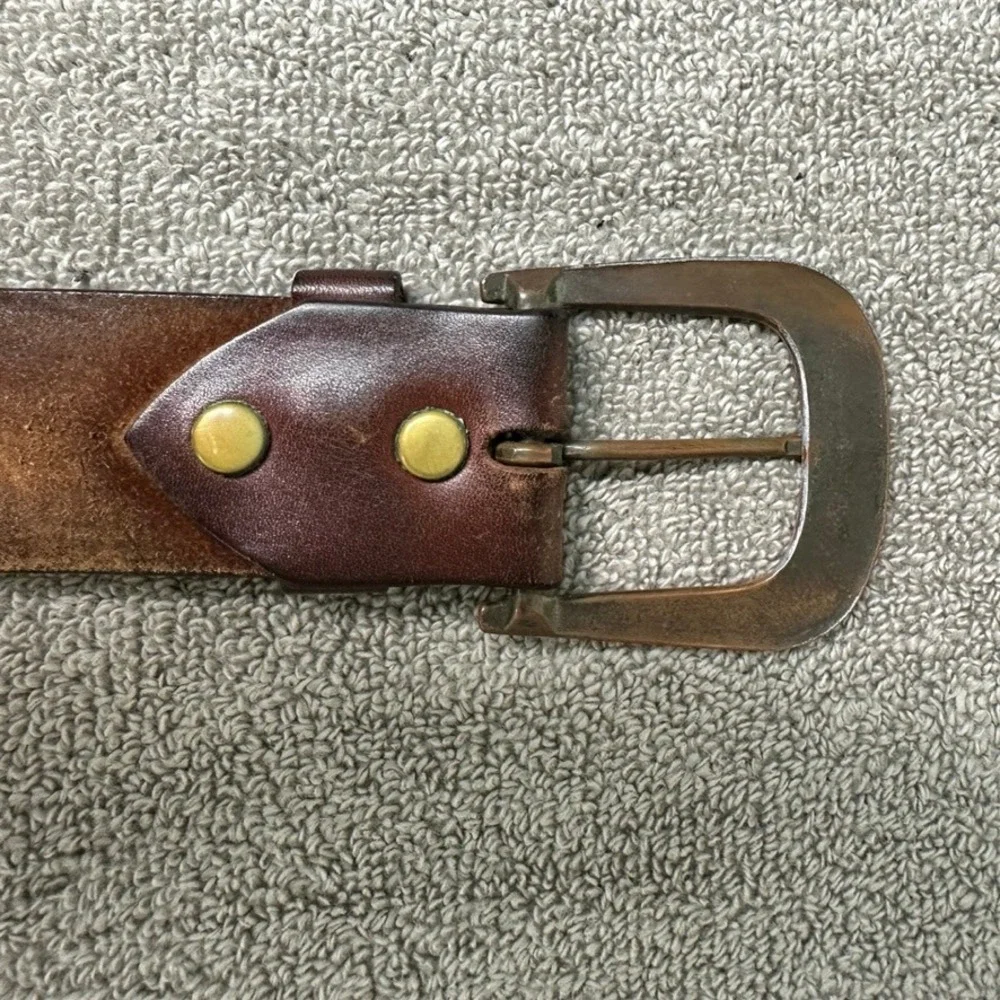 Vintage Distressed Brown Leather Belt Brass Horseshoe Buckle Mens 1.5 Inch Wide